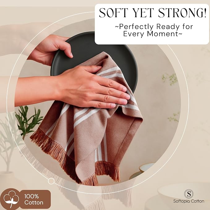 Stripe Kitchen Towels 12 Pack, 16x26 Inches, Assorted Colors Dish Cloths for Cooking and Drying, Reusable Wipe Rags, Absorbent and Washable Towels - Brown, Forest Green, Burgundy Wine