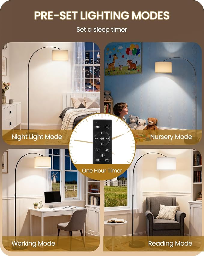 75" Arc Floor Lamp with Marble Base and Adjustable Height, Rotating Hanging Shade, Dimmable Floor Lamp for Living Room with Remote and Foot Switch, 3CCT, Over Couch Arched Light, White Shade W15LD05