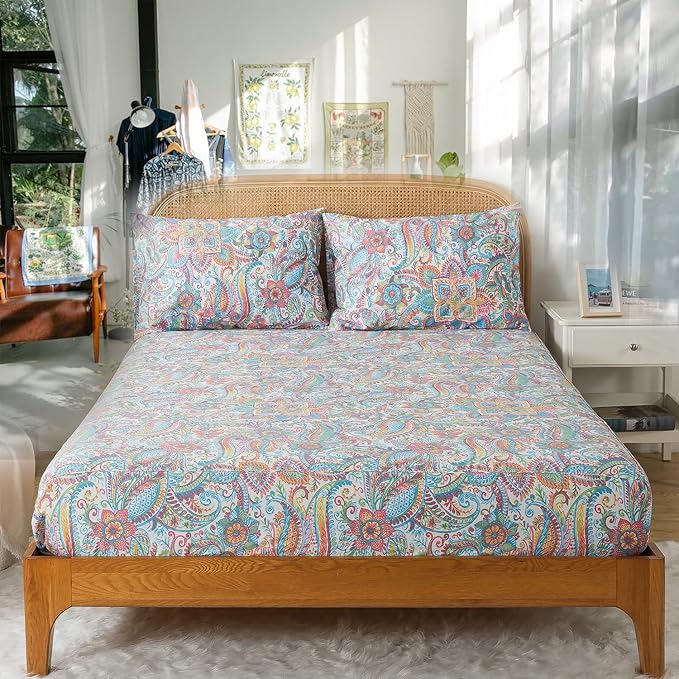Zusbest Queen Size Bed Sheet Set 100% Cotton Pink Green Paisley Floral Sheets Watercolor Bedding Luxury Soft Breathable Crispy Cooling Percale Sheets 17.5 Inches Deep Pocket Sheets Queen, 4 Pieces