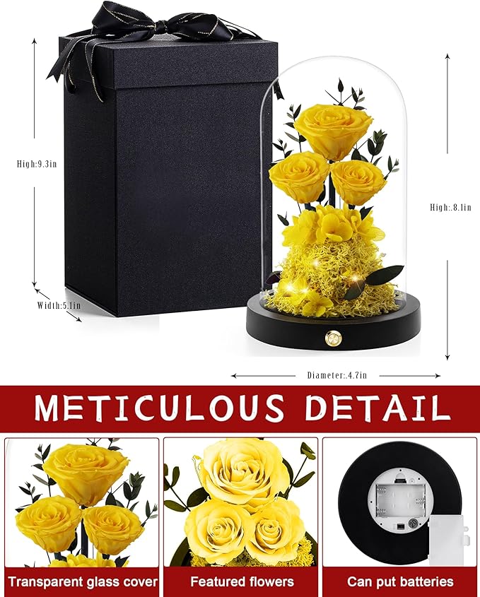 Christmas Flowers Roses Gifts for Mom,Forever Real Preserved Roses in Glass Dome,Christmas Anniversary Thanksgiving Gifts for Wife Girlfriend Women Best Friend Grandma/Yellow Rose