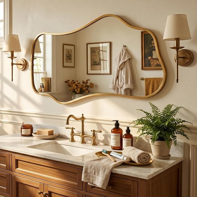 Bathroom Mirrors for Over Sink-Horizontal or Vertical Hanging 47.2"x21.6" Gold Asymmetrical Wavy Aluminum Frame Decorative Full Body Mirror for Living Room,Bedroom,Cloakroom,Entryway