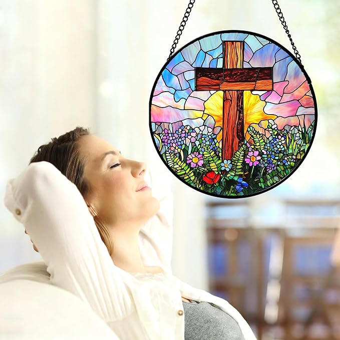 Christian Gifts for Women - Cross Stained Glass Window Hanging Jesus Easter Colorful Wildflowers Sun Catcher Garden Religion Decor Mother's Day Catholic Gift for Men Grandma Mom Her 15"