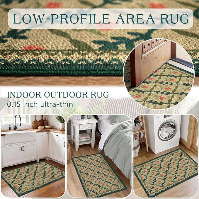 Front Door Mat Outside Entrance - 2x3 Non-Slip Washable Doormat Indoor Outdoor Entrance Jute-Look Floral Rug Welcome Mat Small Throw Rugs for Entryway Bedroom Kitchen Mudroom Front Porch Decor