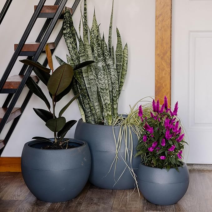 Beuta Large Planters for Outdoor Plants - Set of 3, 8/12/14 Inches Outdoor Planters for Porch - Tall Planter for Outdoor & Indoor Plants | Large Indoor Plant Pot - USA Made - Grey