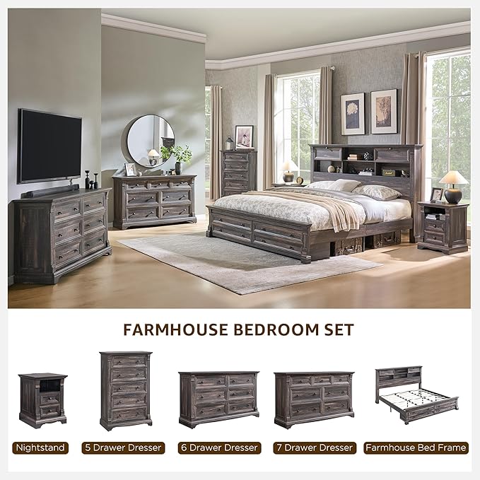 T4TREAM 24" Wide 3 Drawer Dressers, Farmhouse 26" Tall Bedside Side Table with 3 Drawers, Wooden Side Table with Roman Column, End Table for Bedroom, Living Room, Hallway, Dark Rustic Oak