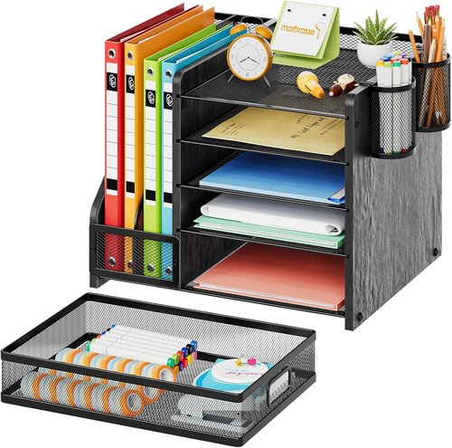Marbrasse Desk Organizer - 5-Tier Paper Tray with Drawer & 2 Pen Holders | Mesh Storage for Office Supplies - Wood Black