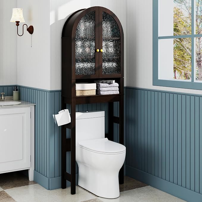 Over The Toilet Storage Cabinet, Arched Bathroom Organizer and Storage with Acrylic Doors and Adjustable Shelf , Space-Saving Modern Freestanding Bathroom Modern Storage Cabinet Over Toilet (Espresso)