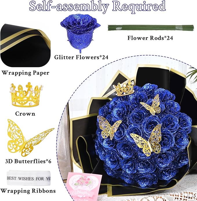Waipfaru 24 Pcs Glitter Roses Bouquet, DIY Fake Flowers Bouquet, Artificial Blue Rose Bouquet for Valentines, Mothers Day Gifts, Anniversary, Engagement, Wedding