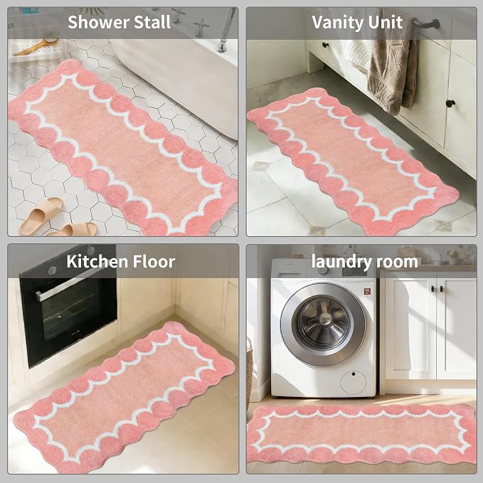 Scalloped Coral Pink Bathroom Rugs Mat,Non Slip Absorbent Quick Dry Bath Mats for Shower Room,Plush Microfiber Bath Rug for Bathroom Floor Washable Carpet for Shower Tub Sink Bedroom,17"x47"