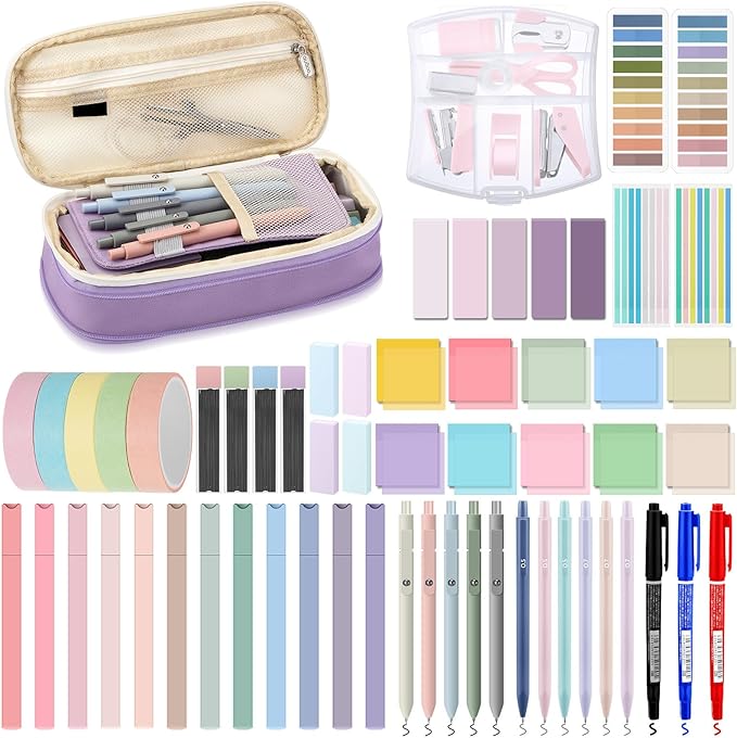 Sinload 60 Pcs Aesthetic Book Annotation Kit School Supplies Cute Pencil Case 12 Highlighter 5 Gel Pen 6 Mechanical Pencil 5 Magnetic Bookmark 1220 Pcs Sticky Note Tab Student Stationary(Purple)