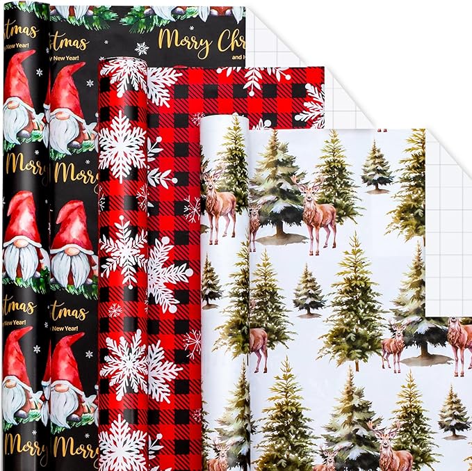 MAYPLUSS Festive Christmas Wrapping Paper - 17Inch x 10Feet Per Roll - Fairy Forest Deer Gnome Holiday Christmas Snowflake Thick Rolled Gift Wrap for Winter, Holiday, Party and Celebrations