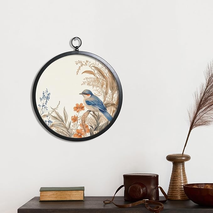 XIAOAIKA Vintage Wall Art with Metal Frame, Round Wood Print Featuring Bluebird and Wildflowers, Boho Wall Decor for Living Room, Bedroom, Kitchen, Entryway, 10 Inch