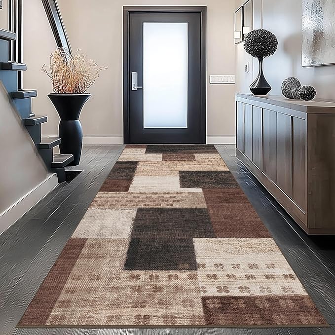 Modern Geometric Patchwork Indoor Runner Rug for Living Room, Chocolate 2.7'x 8' Rug Rockwood Collection Hardwood Floors Decor for Bedroom, Brown Throw Carpet for Office Entryway Dining Room