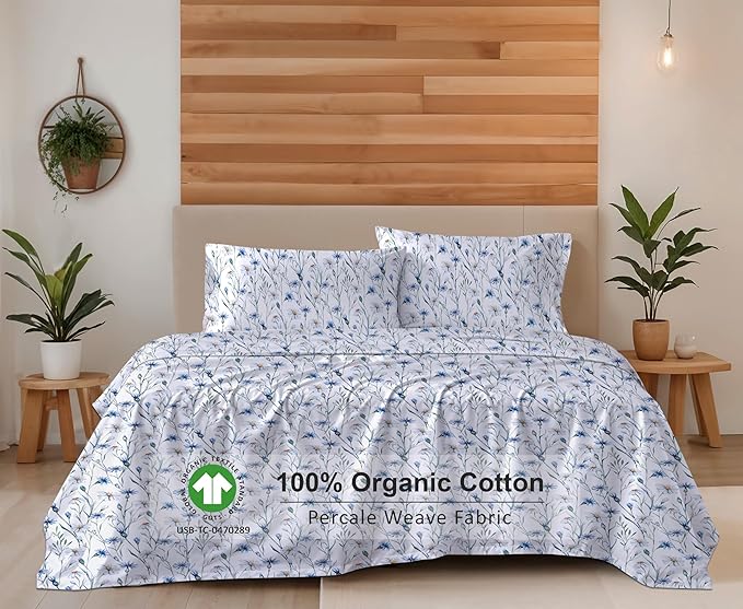 RUVANTI 100% Organic Cotton Sheets Queen Size, Percale Weave, GOTS Certified, 4-Piece Set, Deep Pocket 15", Crisp & Breathable, Soft Durable Bedding, Sábanas Algodón Orgánico – Daisy Bud