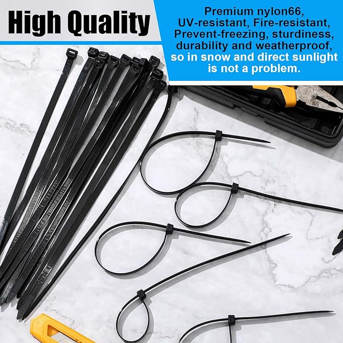 Reallnaive 500 Pcs 12 Inch Zip Ties Heavy Duty 120 Lbs Tensile Strength Black Nylon Wire Cable Ties Bulk for Indoor Outdoor