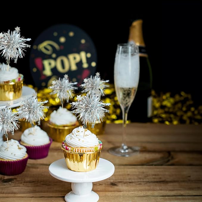 Gyufise 30Pcs Foil Firework Cupcake Toppers Sparkle Tinsel Star Cake Toppers Tinsel Drink Cake Decoration Cocktail Picks for Birthday Wedding Graduation Party Supplies Silver