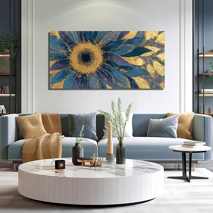 JuhaiArt Gold Wall Decor Blue Floral Wall Picture Canvas Sunflower Abstract Flower Wall Art for Living Room Bedroom Home Office 24" x 48"