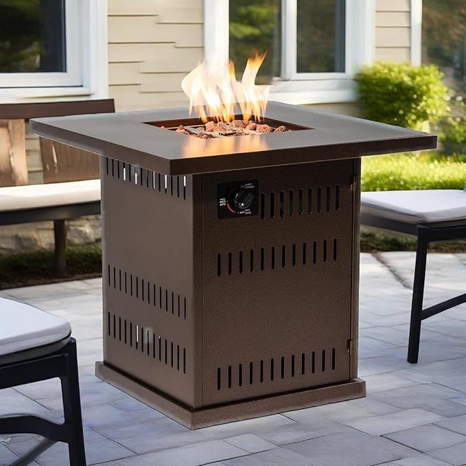 28" Propane Gas Fire Pit Table, 50000 BTU Imitation Wood Grain Finish Square Fire Pit with Lid & Volcanic Stones 2 in 1 Fire Pit Table Rock for Outside Patio Deck Garden Courtyard