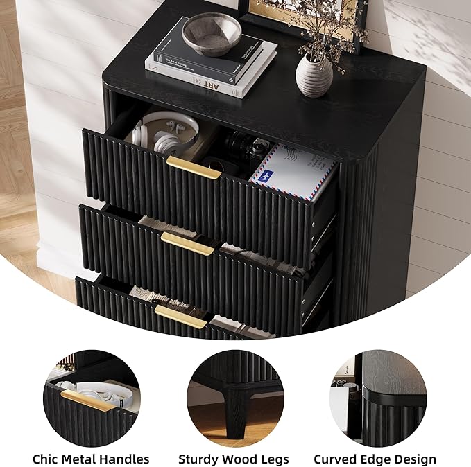Fluted Dresser for Bedroom with 5 Drawers Set of 2, 45" Large Closet Clothes Wood Tall Dresser Storage Organizer, Mid Century Modern Chest of Drawers with Deep Storage Black