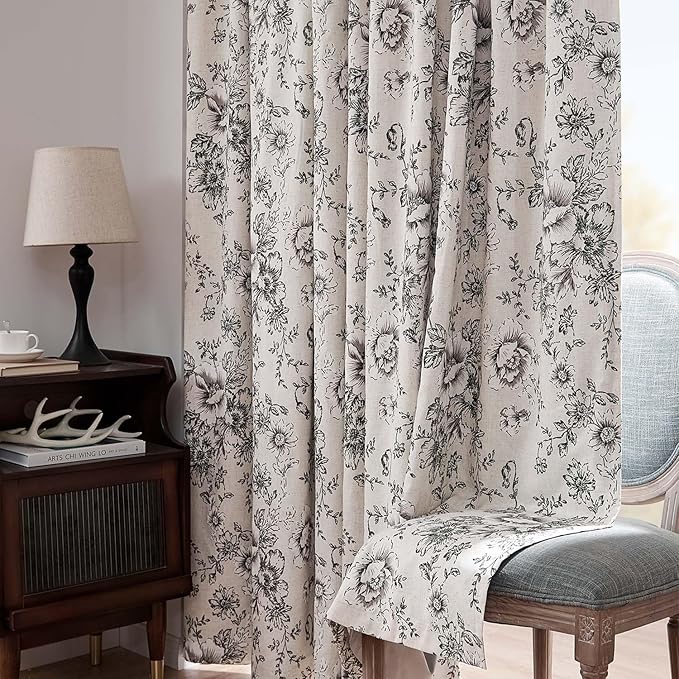 jinchan Blackout Linen Blend Curtain Floral Blackout Curtains for Living Room 120 Inch Length Black Printed with Lined Blackout Curtain for Bedroom Farmhouse Curtains Set 2 Panels