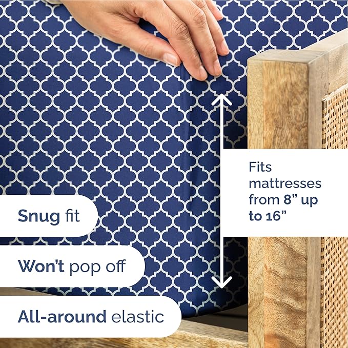 Blue Geometric Bed Sheets - 1 Flat & 1 Fitted Sheet & 2 Pillowcases w/ Deep Pockets – Wrinkle & Fade Free- Ultra-Soft, Breathable and Cooling - Luxury Moroccan Bed Set – King Size - Navy Quatrefoil