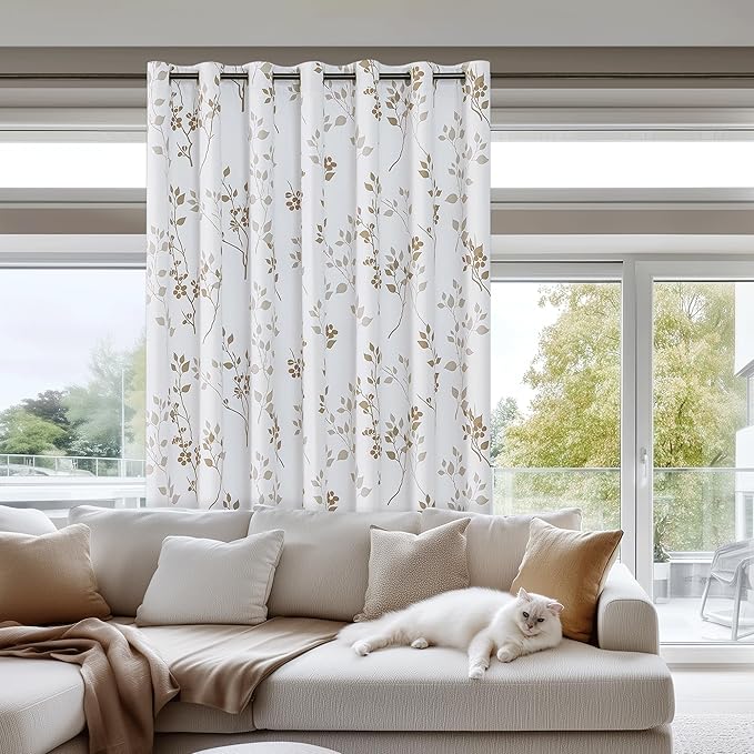 Beauoop Floral 100% Blackout Curtains 84 Inch Length 1 Panel for Patio Sliding Door Extra Wide Tan Brown Flower Patterned Divider Room Darkening Thermal Soundproof Grommet Window Drapes, 100x84, 1 set