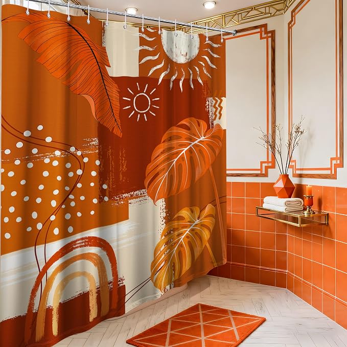 Burnt Orange Mid Century Modern Shower Curtain Bohemian Abstract Leaf Shower Curtains for Bathroom Decor Sets, Waterproof Cloth Fabric with Hooks, 70x78 Inch
