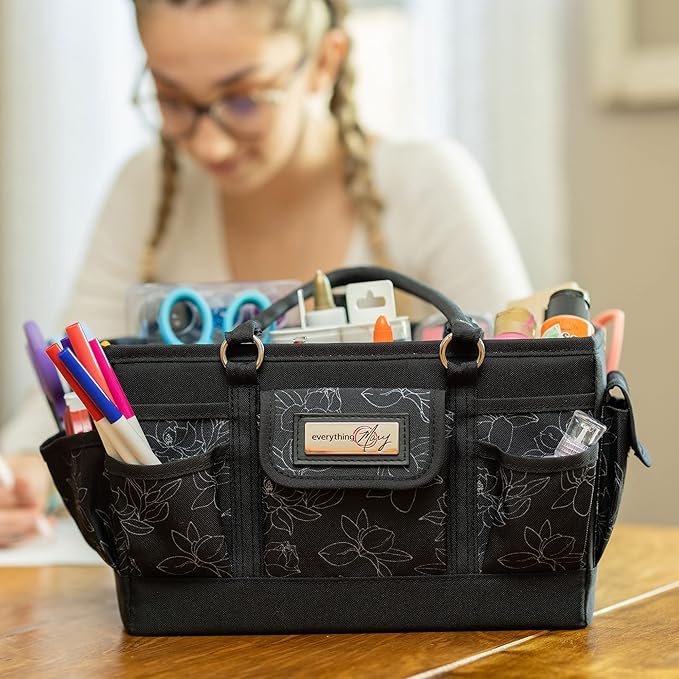 Everything Mary Deluxe Store & Tote Organizer – Black & White Floral Craft Bag with Handle – Collapsible Storage for Scrapbooking, Sewing, DIY Tools & Art Supplies