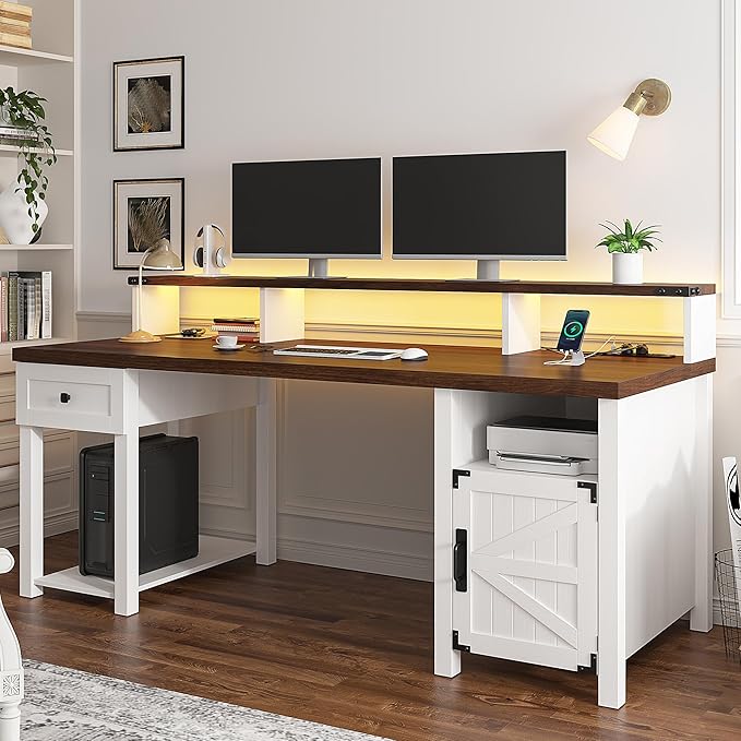 EnHomee Computer Desk with Drawers,23" D Home Office Desk with Storage,Wooden Desk with Monitor Stand,Farmhouse Desk with Printer Space and Power Outlets for Studio,Work, Study,Writing&Gaming,White