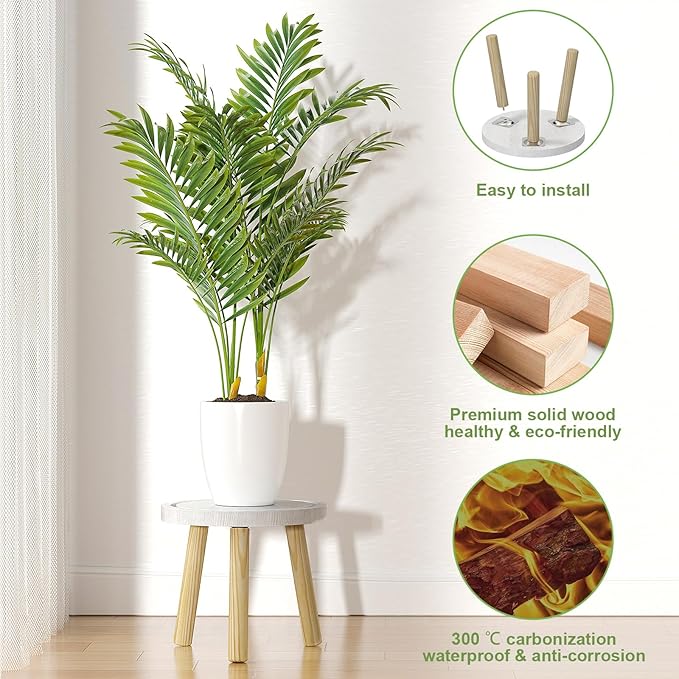 3-Pack Wood Plant Stands Indoor, Single Plant Stand for 6-12 Inch Pots, Mid-Century Modern Plant Stool, Tall Plant Stand for Large Plants for Living Room, Balcony, Office (White)