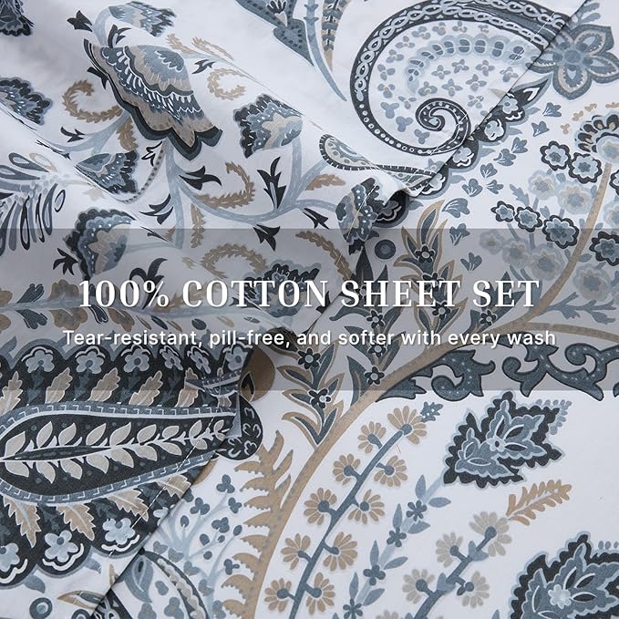 100% Cotton Sheet Set Queen Size – 4-Piece Luxury Grey Paisley Bedding Set, Extra Soft Breathable Percale Weave, Deep Pocket Fitted Sheet 17.5", Crisp Cool Feel Bed Sheet