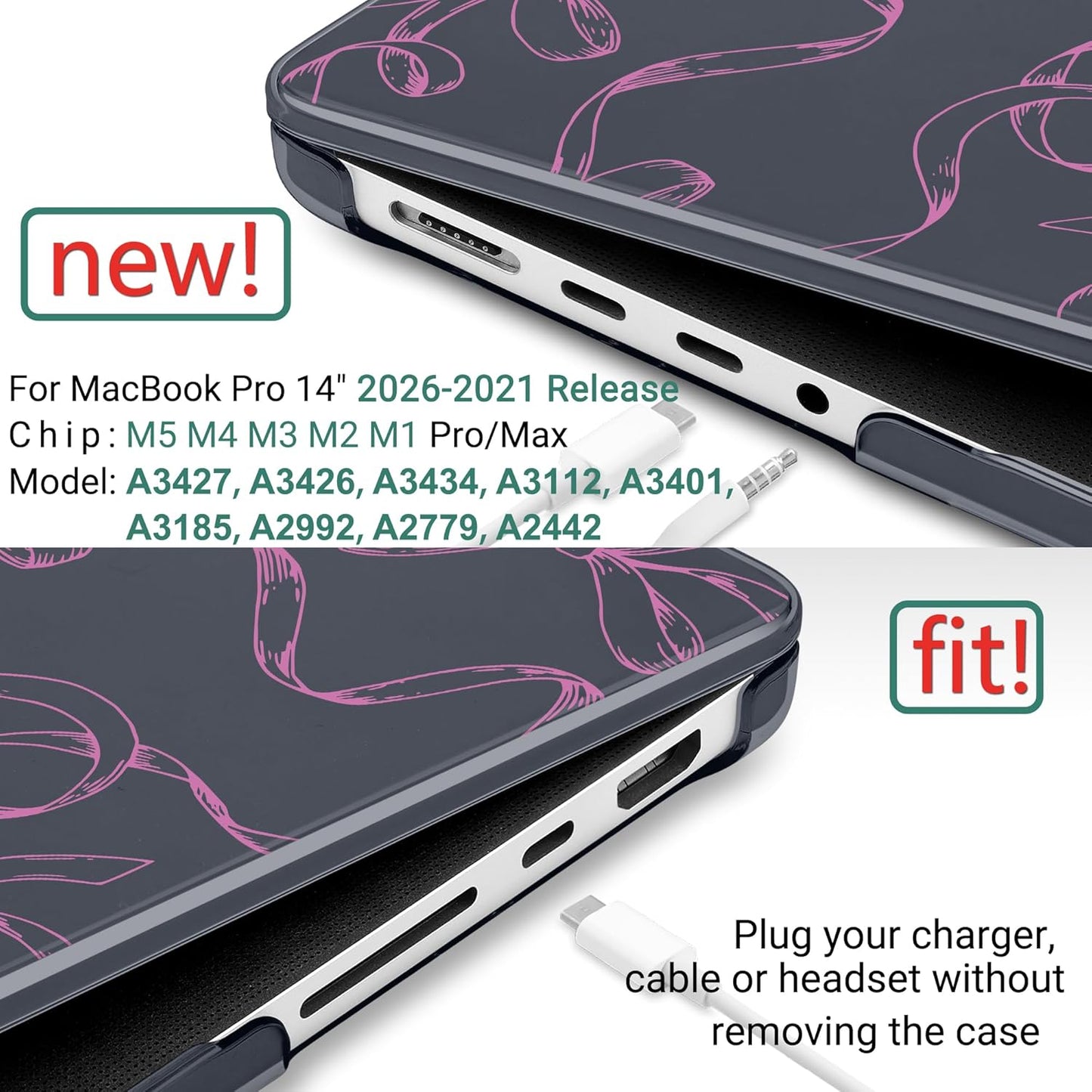 TWOLSKOO MacBook Pro 14 Inch Case - Sparkly Bows Design with Hard Shell, Keyboard Cover & USB Adapter