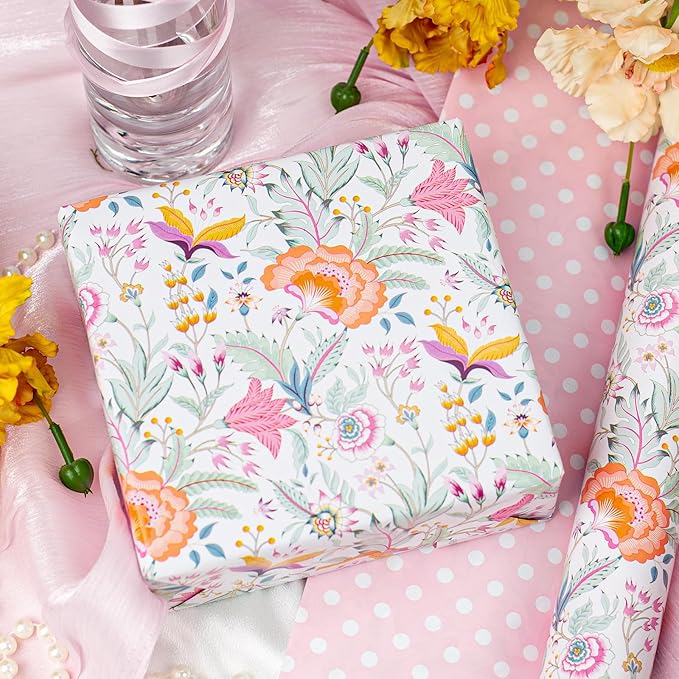 Merture Floral Wrapping Paper Roll with Pink Polka Dots Reverse - 17 In X 32.8 Ft(46.5 sqft) Vibrant Flower Desgin Gift Wrap for Mothers Day, Valentines Day, Birthday, Wedding, Anniversary