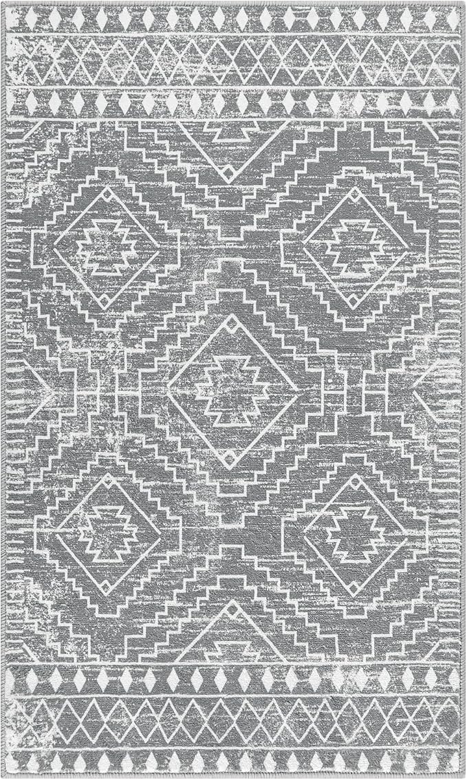 Wonnitar Moroccan Area Rugs 3x5, Gray Washable Entry Rug,Non-Slip Boho Small Bedroom Throw Mat, Non-Shedding Farmhouse Soft Low Pile Floor Carpet for Kitchen Bathroom Living Room (Silver Grey,3'x5')
