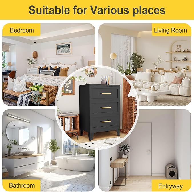 3 Drawers Tall Black Dresser for Bedroom, 35.43" Metal Dressers & Chests of Drawers Curved Corner Design, Storage Organizer Drawer Chest with Large Capacity for Living Room, Entryway, Hallway