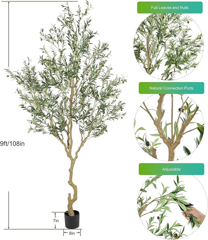 Tall Faux Olive Tree，9ft（108in） Realistic Potted Silk Artificial Olive Tree， Fake Olive Trees Indoor with Green Leaves and Big Fruits for Home Office Living Room Stairs Patio Decor.