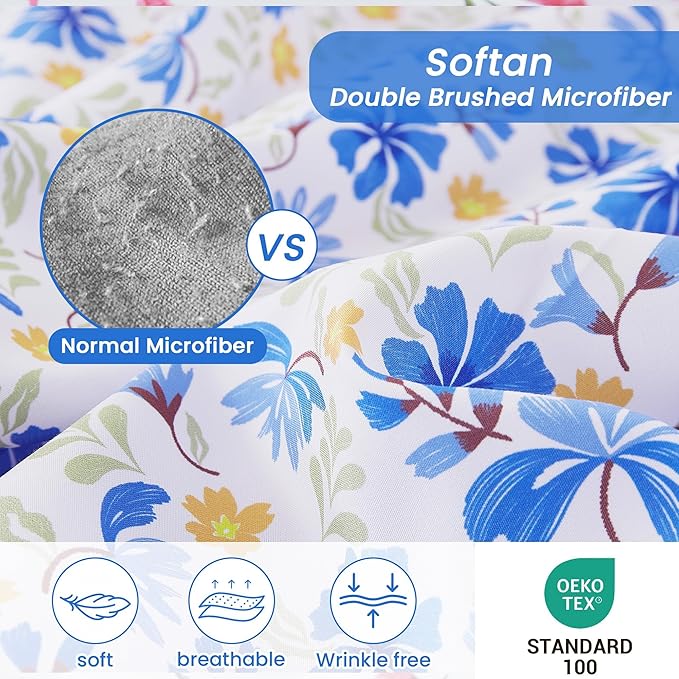 Softan Vintage Blue Floral Twin Bed Sheets, Cozy Microfiber Flower Printed Sheets with 15" Deep Pocket Fitted Sheet & Non-Slip Straps, Patterned Floral in Blue & Amber Sheets & Pillowcase Set