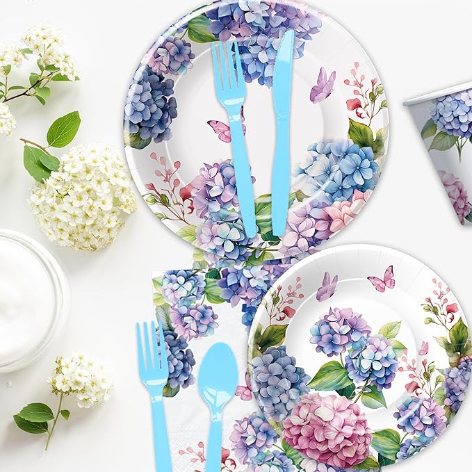Hydrangea Floral Plates and Napkins Party Supplies - Paper Plate, Cup, Napkin, Fork - Flower Hydrangea Birthday, Bridal, Baby Shower, Wedding Decorations | Serve 24