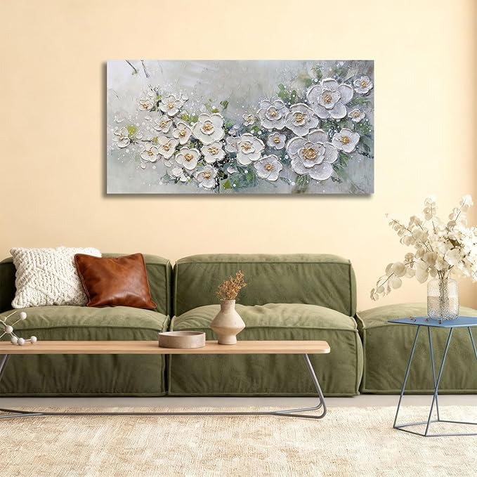 Brushart White Flower Wall Art Textured Floral Canvas Art Wall Decor Living Room Large Picture Wall Art Painting Artwork for Walls Bedroom Home Office, 48"x24"