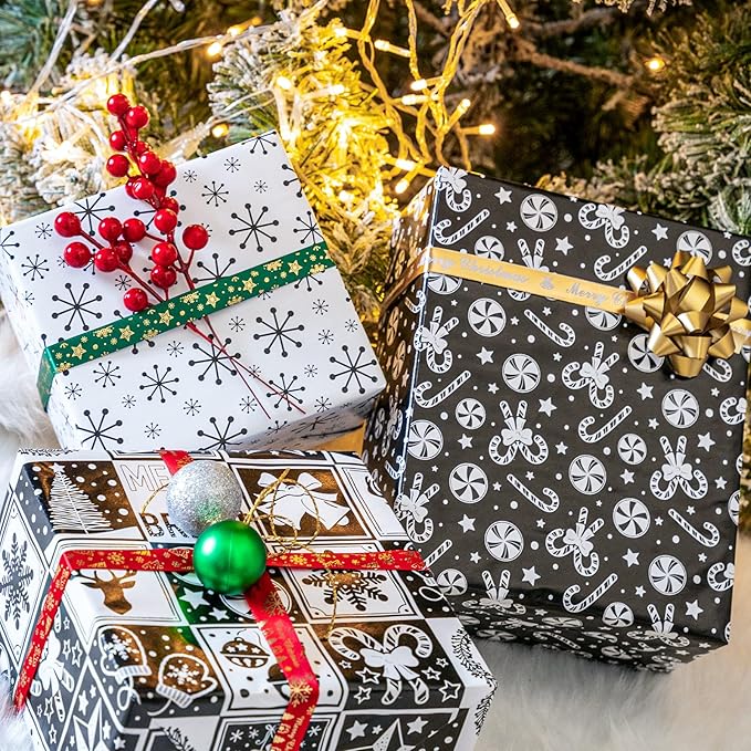 LeZakaa Christmas Wrapping Paper Mini Roll - Bell & Tree/Candy Canes/Snowflakes in Black & White for Gift Wrap, Arts Crafts - 17 x 120 inches - 3 Rolls (42.5 sq.ft.ttl.)
