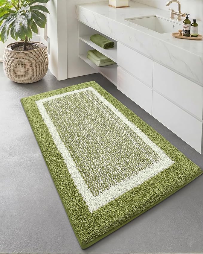 Color&Geometry Simple and Stylish Bathroom Runner Non Slip, 24"x43" Moss Green and Ivory Bath Runner Rug, Absorbent, Soft, Washable, Microfiber Bath Mat Bathroom Carpet
