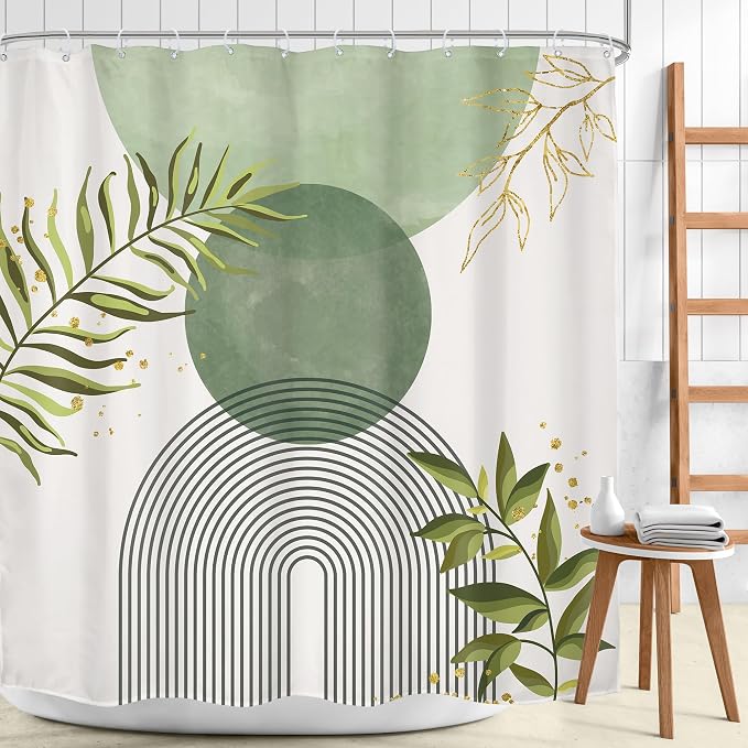 Sage Green Boho Shower Curtain 72Wx84H Extra Long Modern Abstract Bohemian Leaves Minimalist Neutral Botanical Arch Bathroom Decor Mid Century Plant Bath Curtain Fabric Polyester 12 Pack Hooks