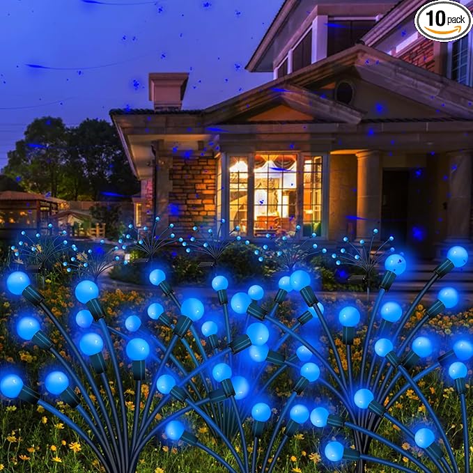 Kohlrabi Solar Garden Lights Outdoor, 10 Pack 80 LED Blue Firefly Lights Waterproof, Sway by Wind, Solar Wind Swaying Light for Yard Patio Backyard Garden Planter Flower Bed Pathway Decoration
