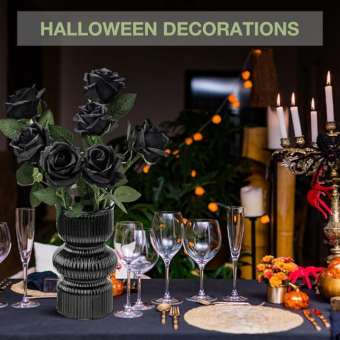 30 Pcs Rose Artificial Flowers in Bulk Real Touch Long Stem Silk Roses Bouquets Realistic Faux Flowers for Wedding Bridal Shower Home Decor Floral Arrangements Table Centerpiece(Black)