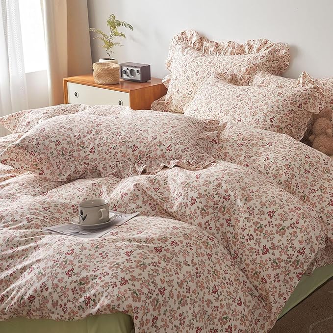 Pink Flower Duvet Cover Set Twin XL 100% Cotton Cute Floral Duvet Cover with Ruffle Pillowcases Girls Cottagecore Bedding Set Aesthetic Garden Style Flower Blooming Comforter Cover with Zipper Closure