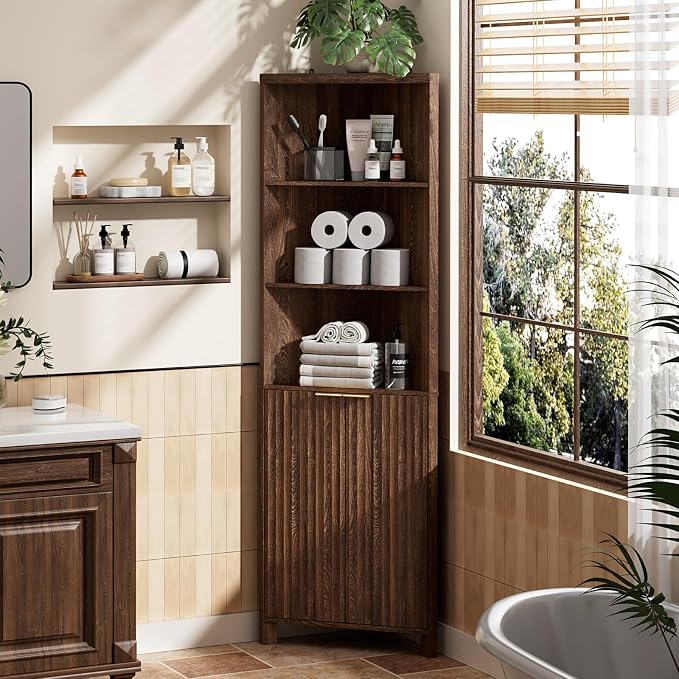 VINGLI Tall Corner Cabinet with Fluted Doors, 68" Walnut Corner Storage Cabinet with Adjustable Shelves, Freestanding Wood Corner Bookshelf for Bathroom, Living Room & Kitchen, Space-Saving