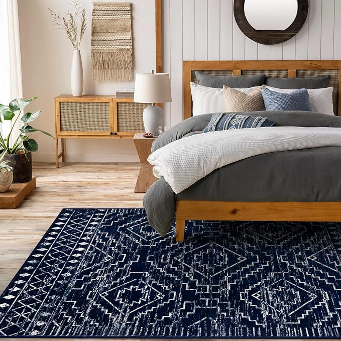 Wonnitar Moroccan 8x10 Rug Living Room Area Rugs, Washable Blue Bedroom Rug, Non-Slip Large Soft Non-Shedding Ultra-Thin Farmhouse Boho Throw Carpet for Dining Table Office Mudroom (Blue,8'x10')