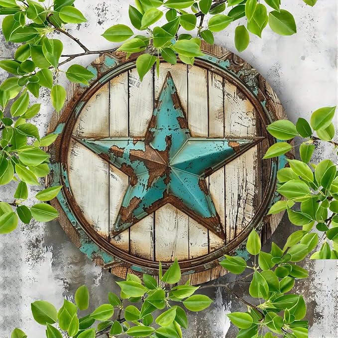Rustic Texas Star Iron Wall Art, 7.98X7.98" Round Metal Tin Sign, Vintage Decor, No Electricity Needed, with Ideal Gift and Scrapbooking Accessory for Home, Cafe, Apartment, Restaurant