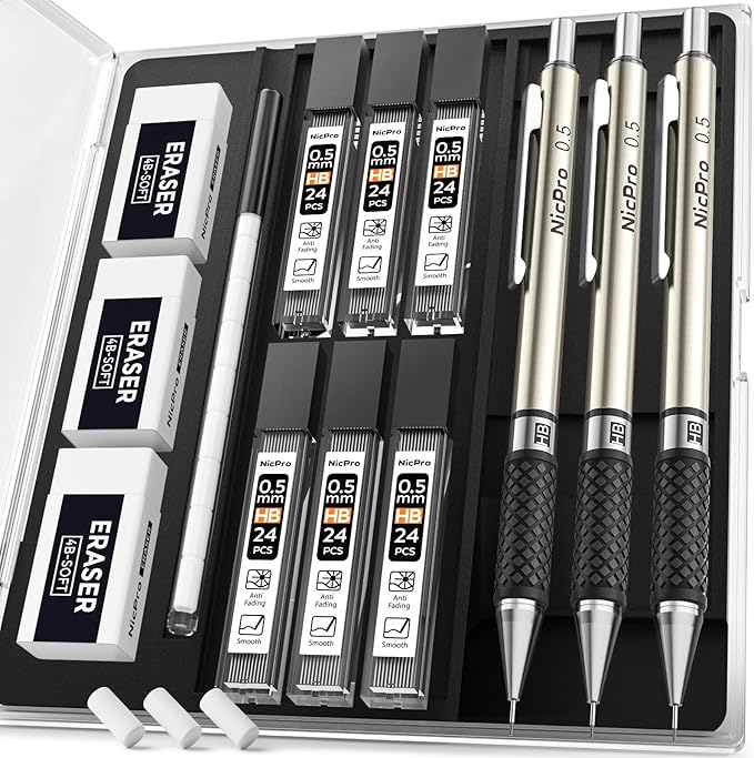 Nicpro 0.5 mm Art Mechanical Pencil Set in Storage Case, 3 PCS Metal Drafting Pencil Lead Pencil with 6 Tube HB Refills, 3 Erasers, 9 PCS Eraser Refills for Artist Writing, Drawing, Sketching