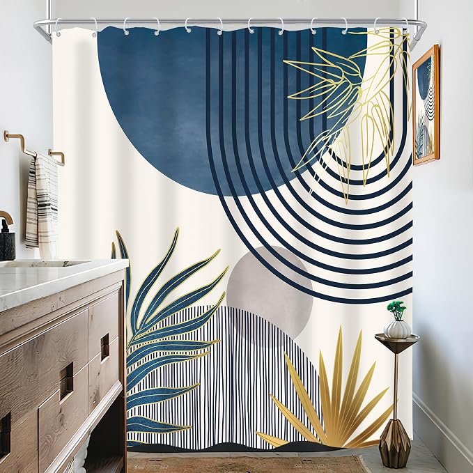 KOMLLEX Mid Century Boho Shower Curtain for Bathroom Decor Abstract Modern Sun Minimalist Aesthetic Arch Curve Leaves Geometric Navy Blue Gray Neutral Fabric Waterproof Polyester 12 Hook 72Wx72L